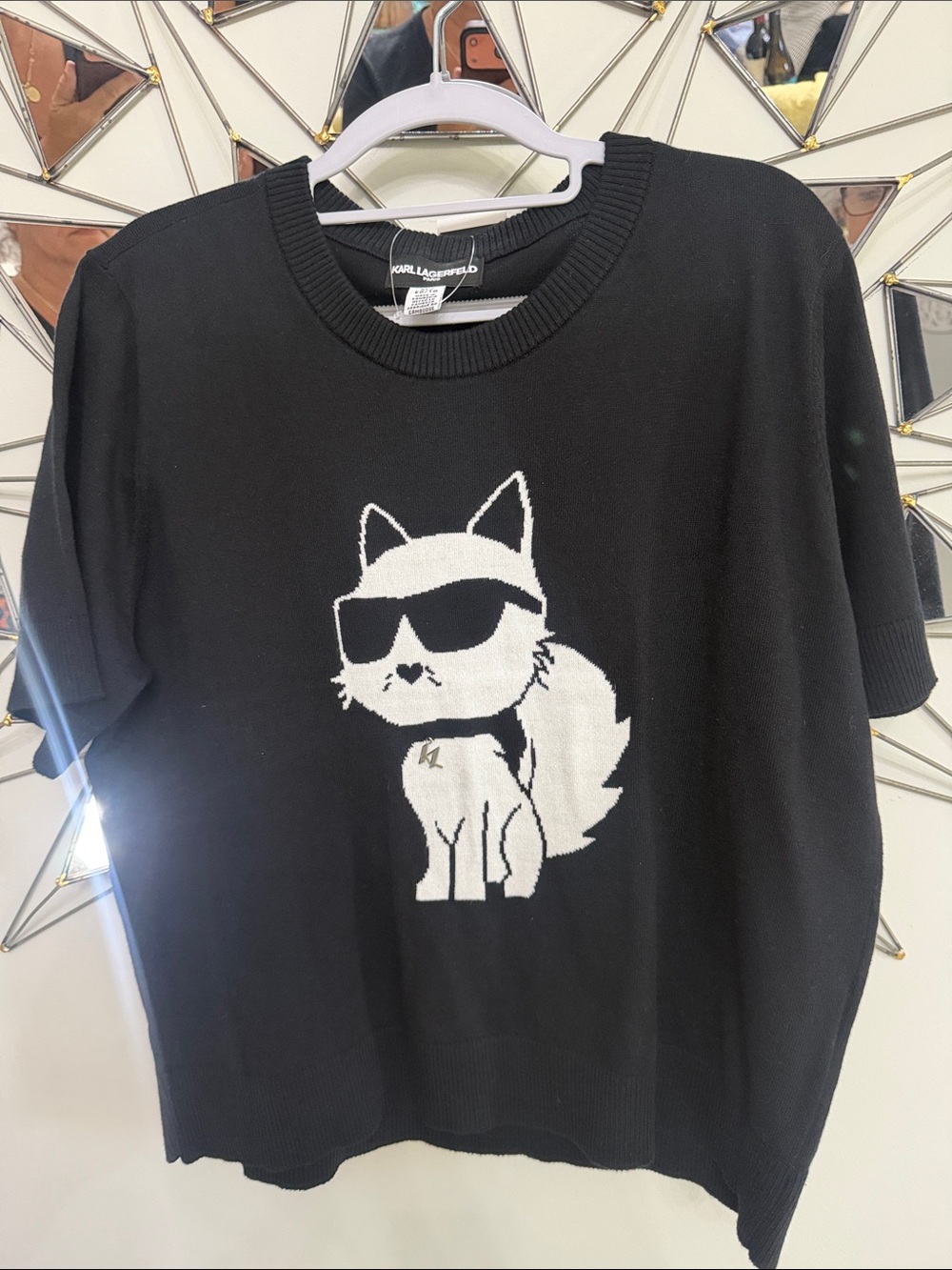 Karl Lagerfeld Black Short-Sleeve Sweater with White Cat Graphic